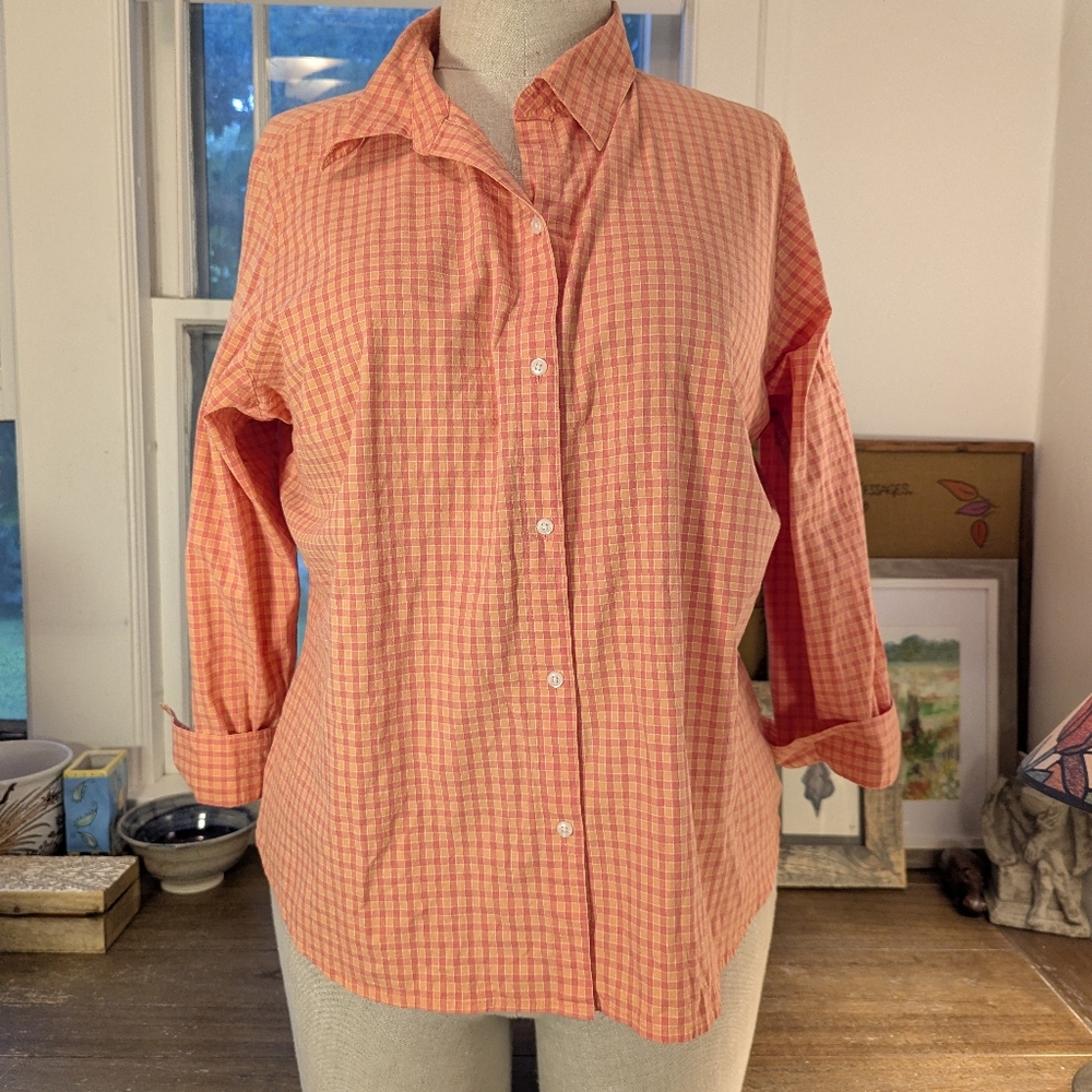 Basic Editions Peach and White Plaid Shirt
